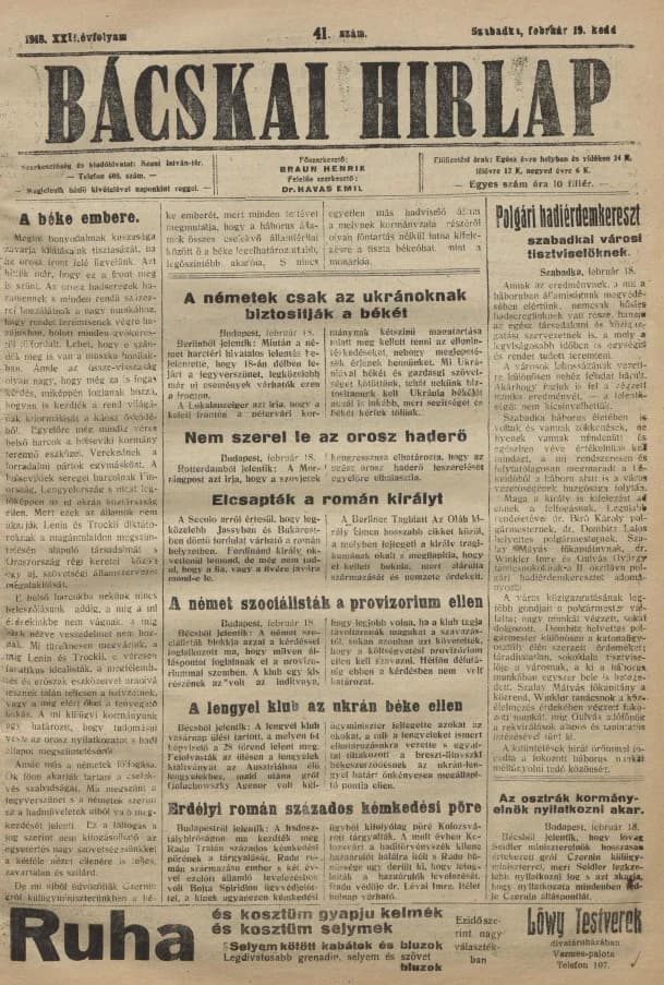 Bácskai Hirlap, 22. évf. 1918. február 19. 41. sz.