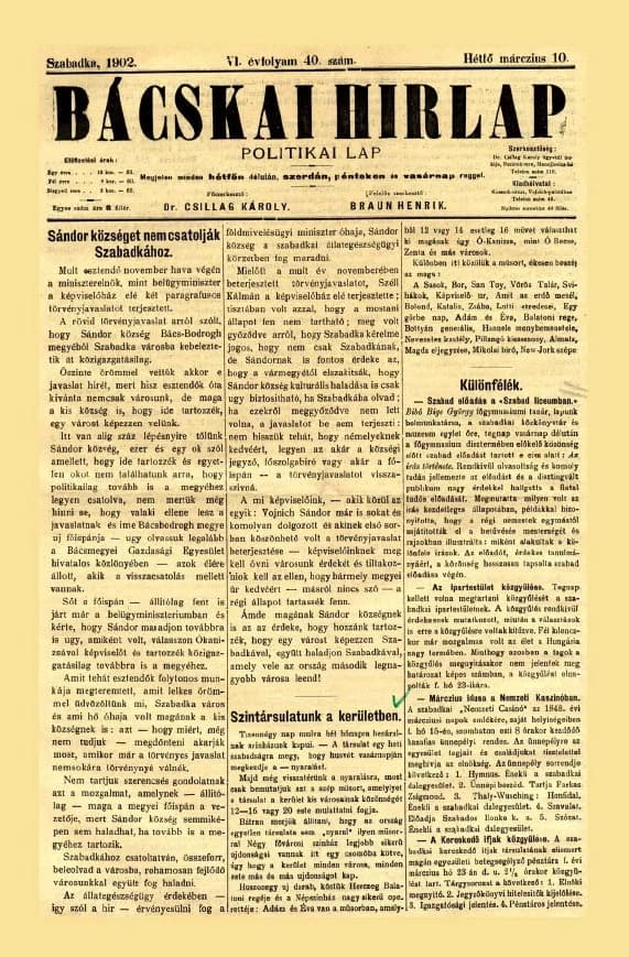 Bácskai Hirlap, 6. évf. 1902. március 10. 40. sz.