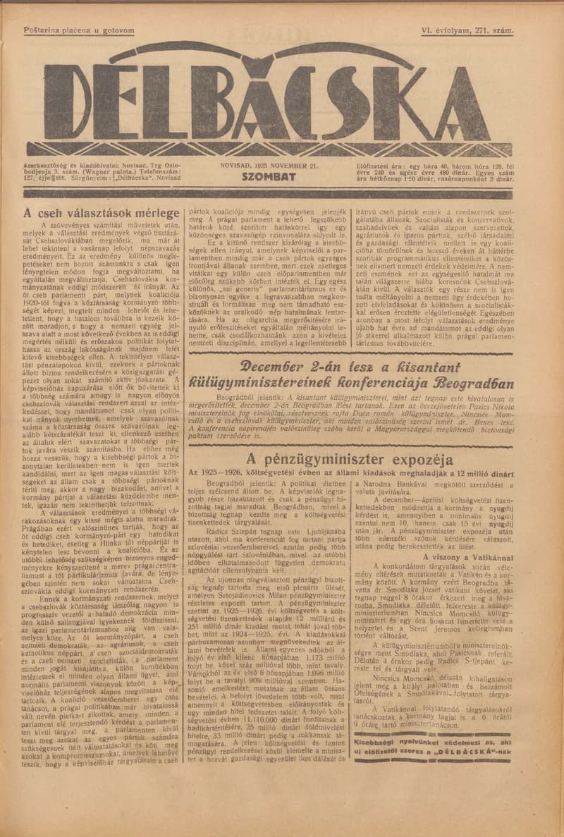 Délbácska, 6. évf. 1925. november 21. 271. sz.