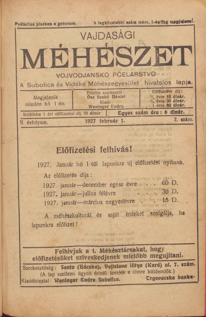 Vajdasági méhészet, 2. évf. 1927. február 1. 2. sz.