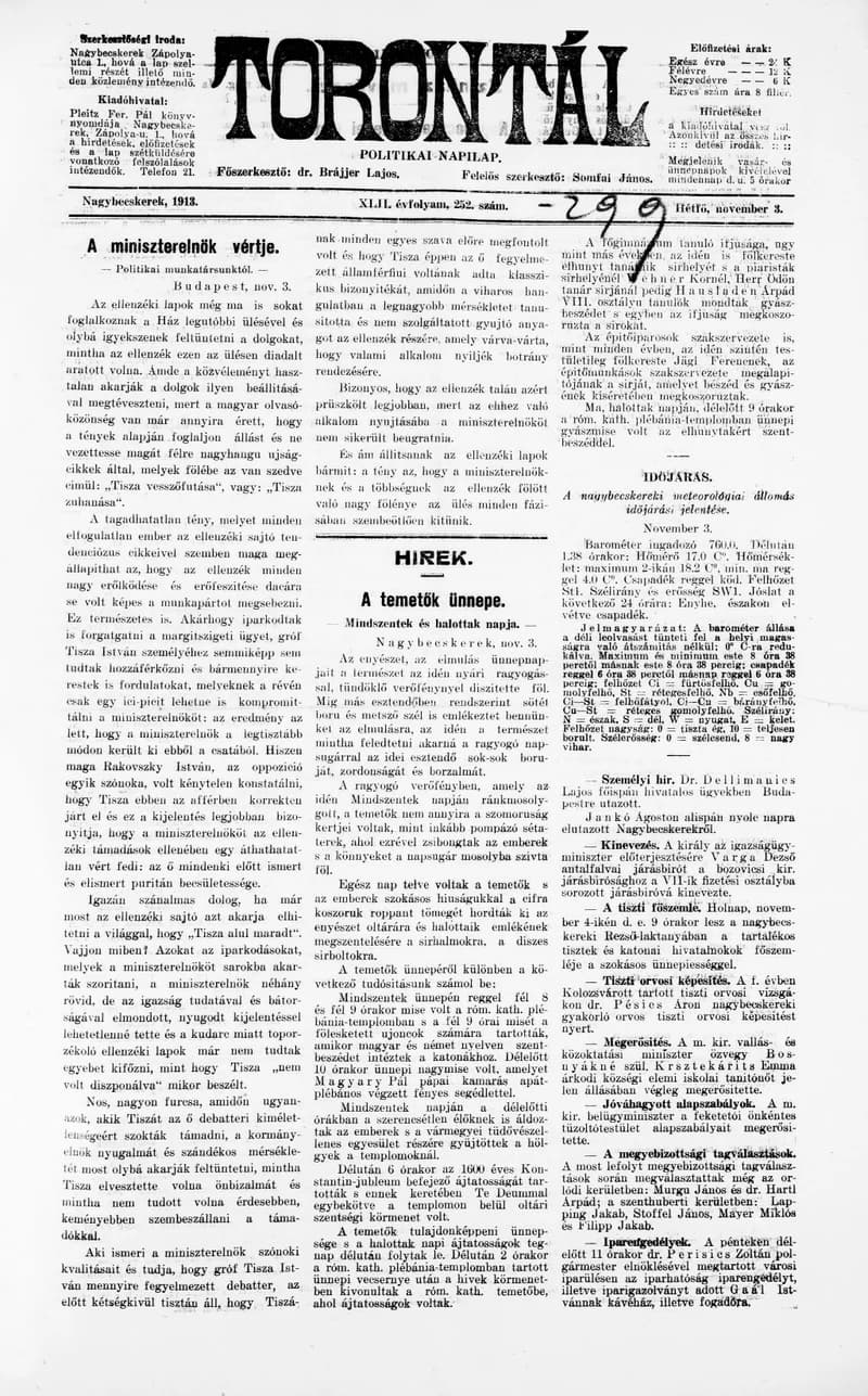 Torontál, 42. évf. 1913. november 3. 252. sz.