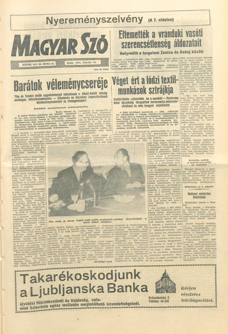 Magyar Szó, 28. évf. 1971. február 16. 45. sz. 1–16. oldal