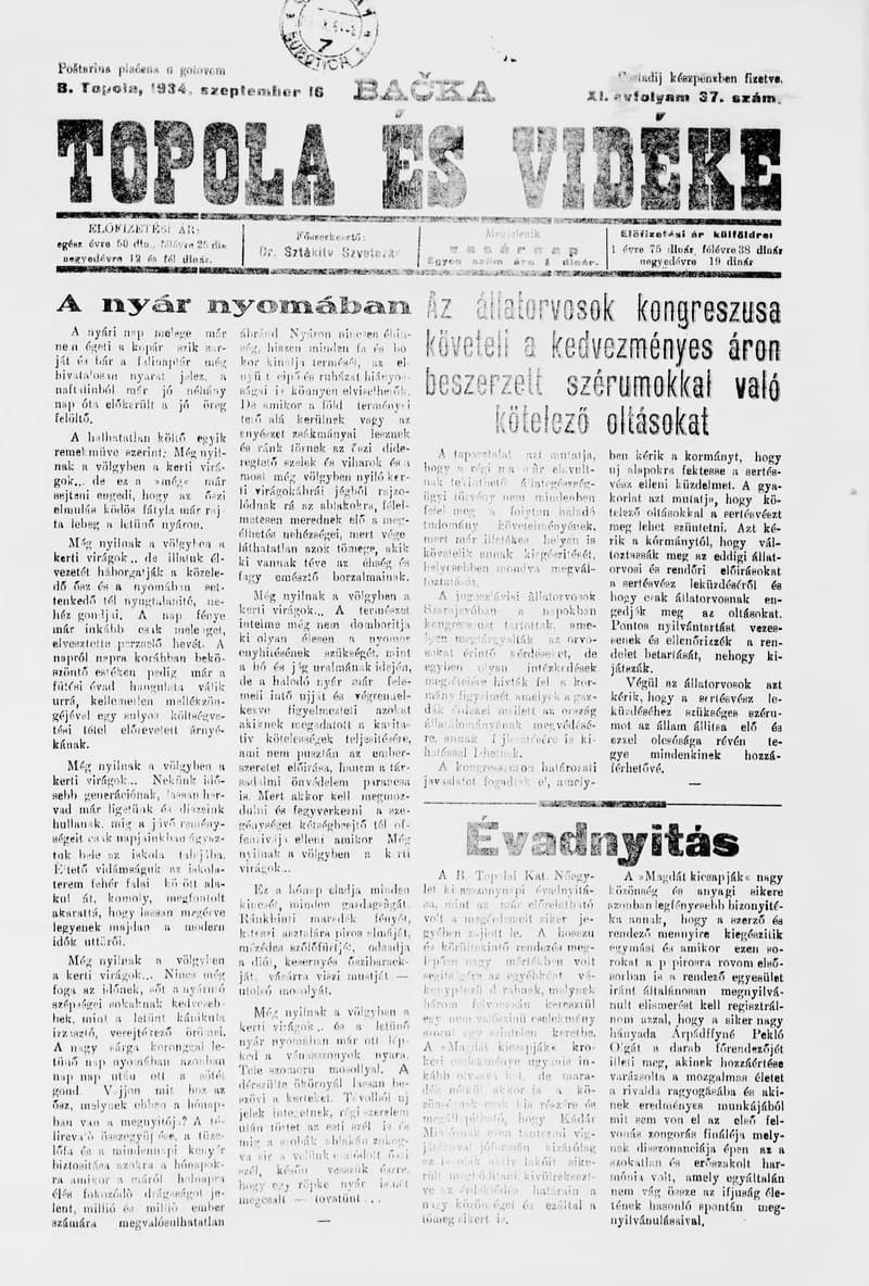 Bačka Topola és Vidéke, 11. évf. 1934. szeptember 16. 37. sz.