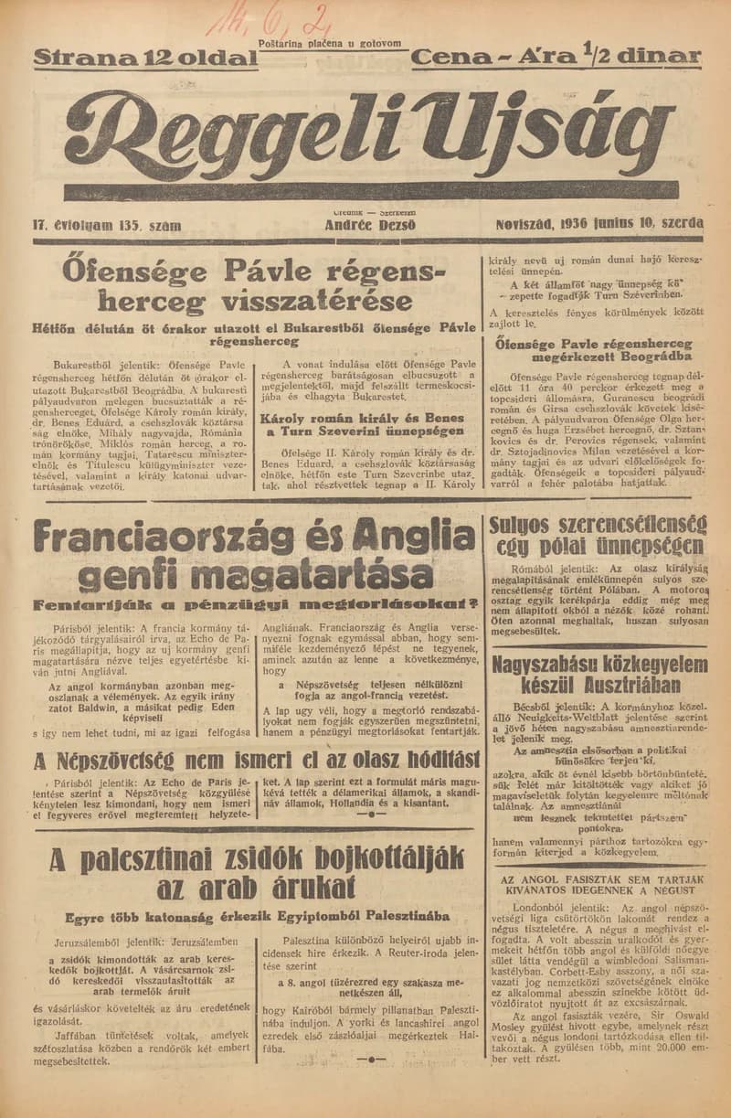 Reggeli Újság, 17. évf. 1936. június 10. 135. sz.