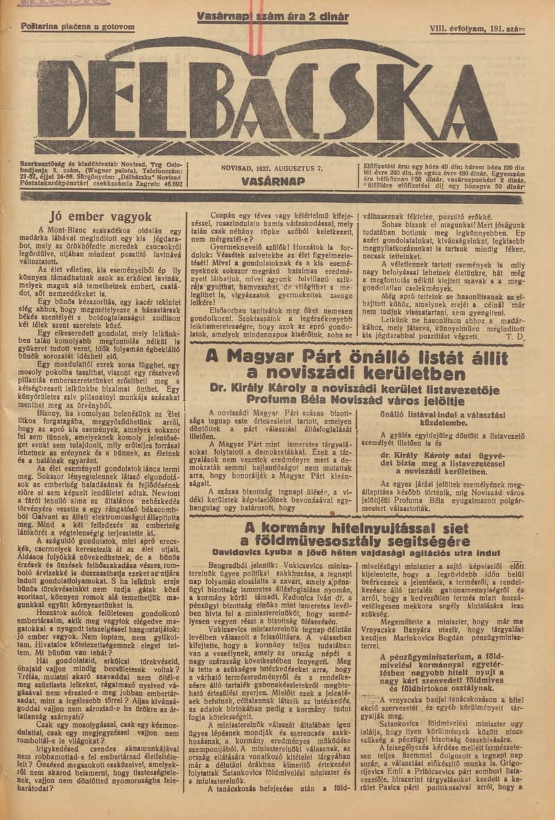 Délbácska, 8. évf. 1927. augusztus 7. 181. sz.