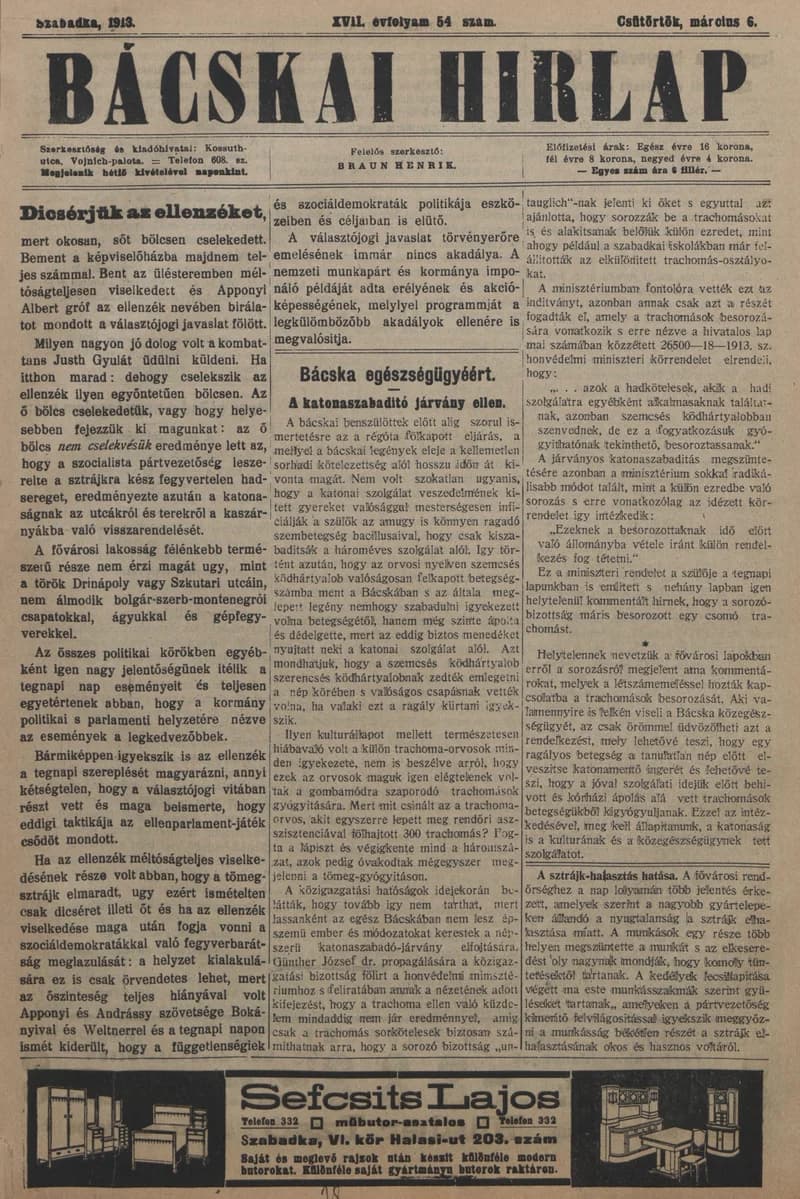 Bácskai Hirlap, 17. évf. 1913. március 6. 54. sz.