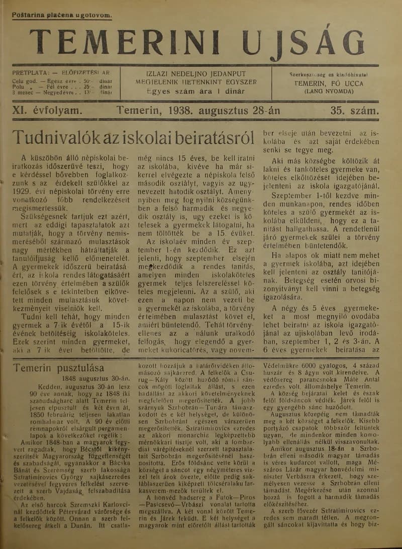 Temerini Újság 1928-1944, 11. évf. 1938. augusztus 28. 35. sz.