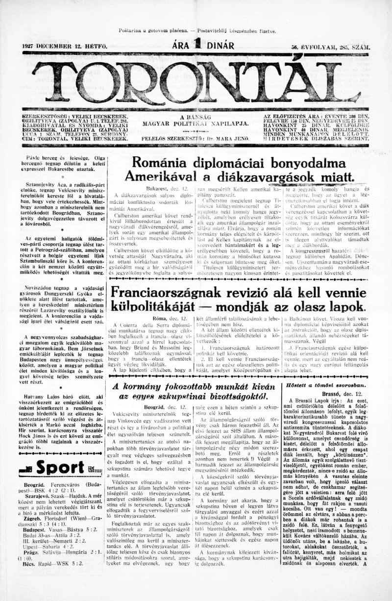 Torontál, 56. évf. 1927. december 12. 285. sz.