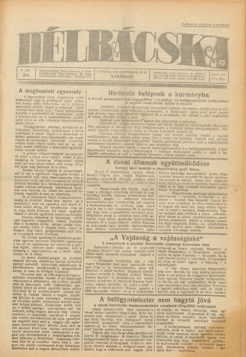 Délbácska, 5. évf. 1924. szeptember 14. 214. sz.