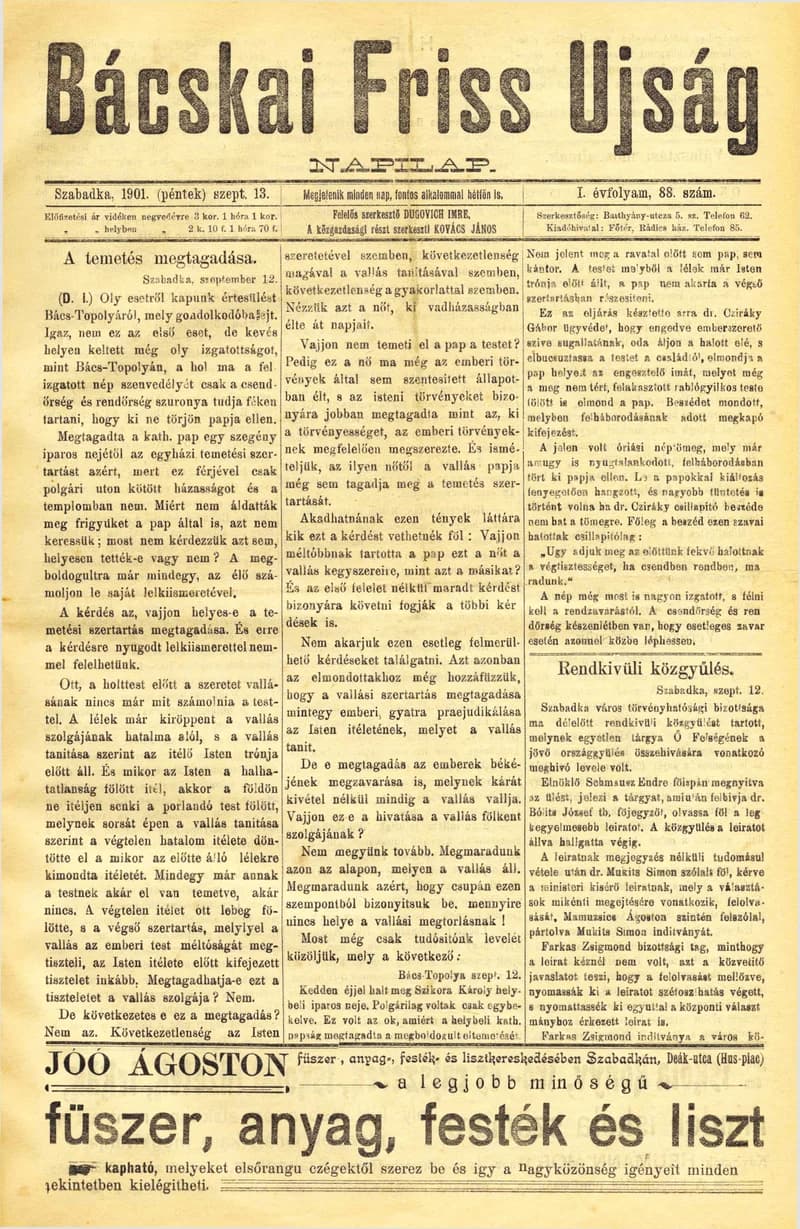 Bácskai Friss Ujság, 1. évf. 1901. szeptember 13. 88. sz.