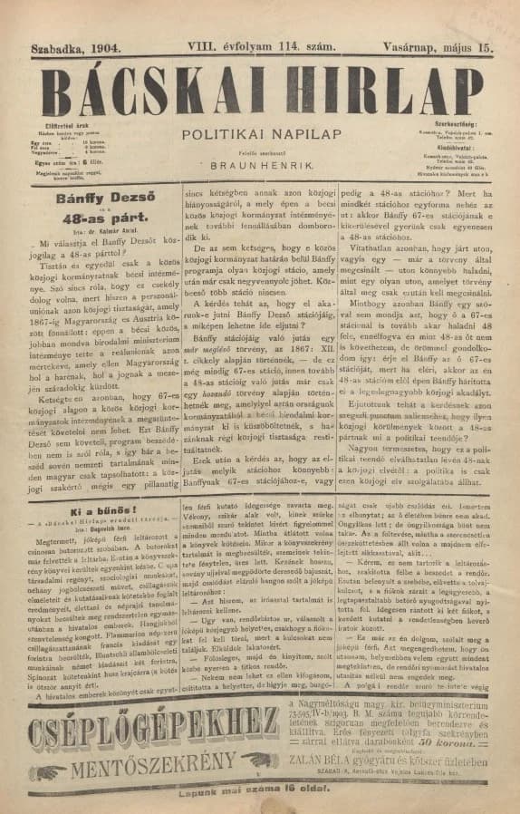 Bácskai Hirlap, 8. évf. 1904. május 15. 114. sz.