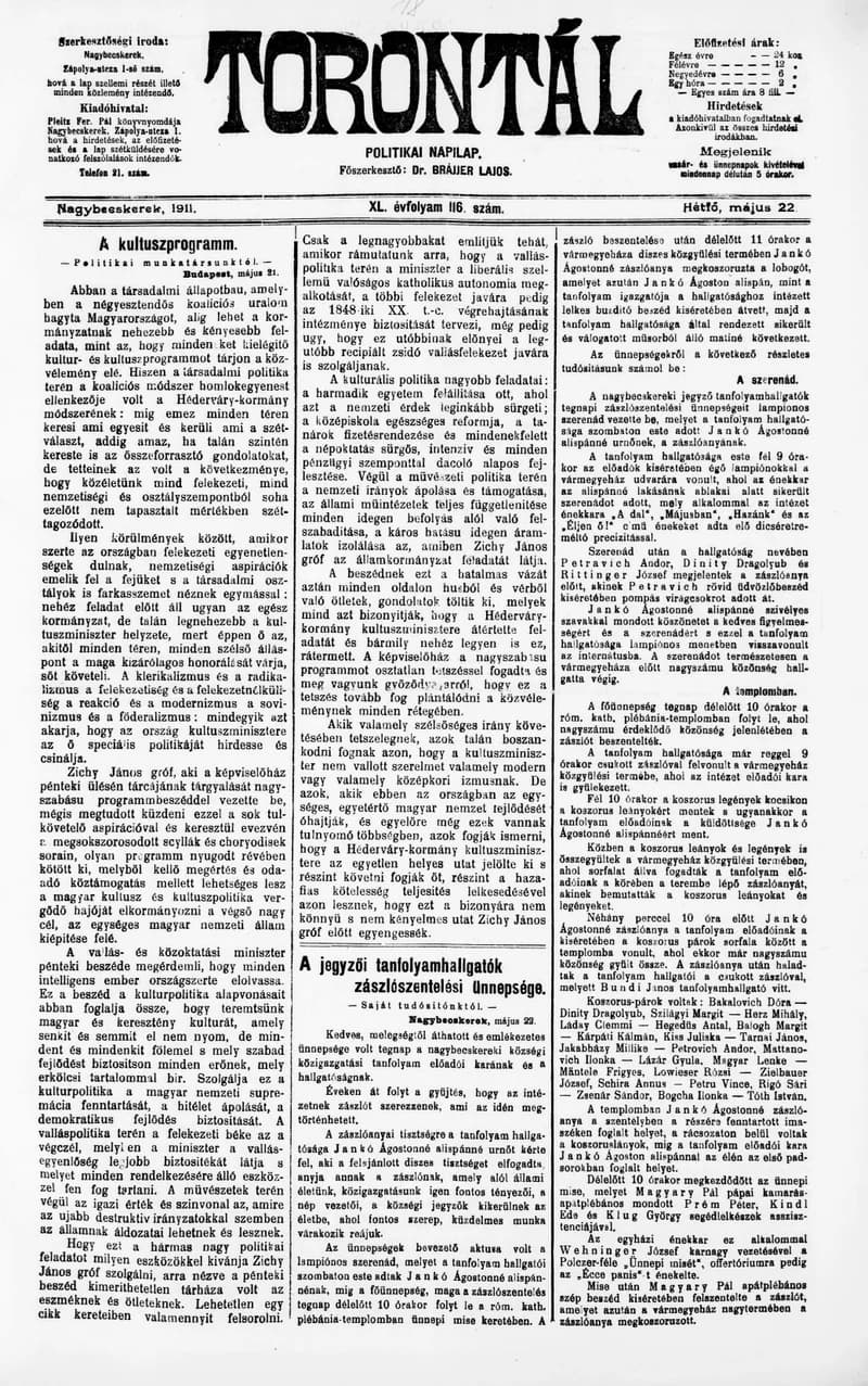 Torontál, 40. évf. 1911. május 22. 116. sz.