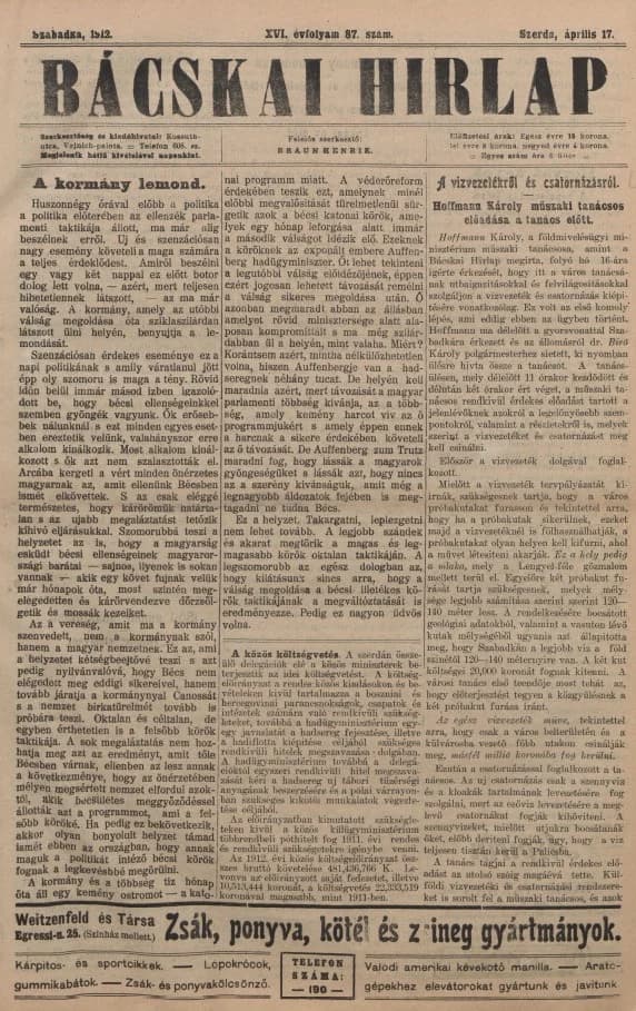 Bácskai Hirlap, 16. évf. 1912. április 17. 87. sz.