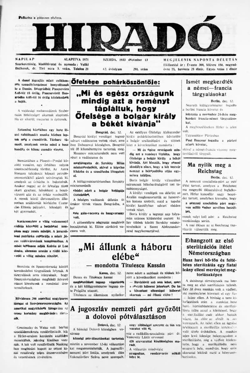 Híradó, 62. évf. 1933. december 13. 291. sz.