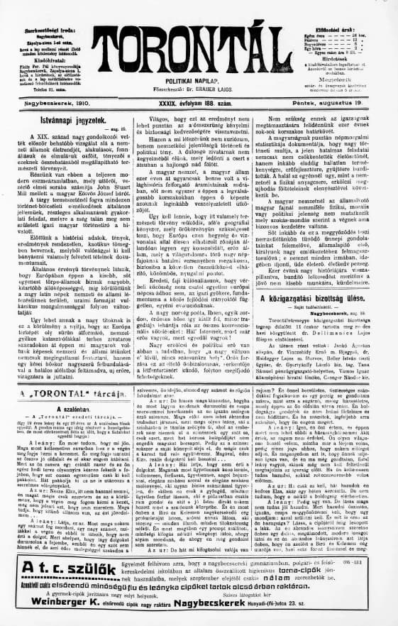 Torontál, 39. évf. 1910. augusztus 19. 188. sz.