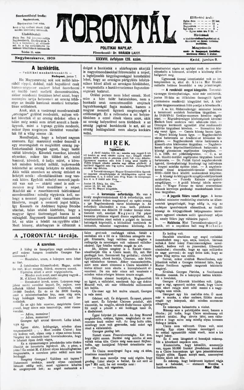 Torontál, 38. évf. 1909. június 8. 128. sz.