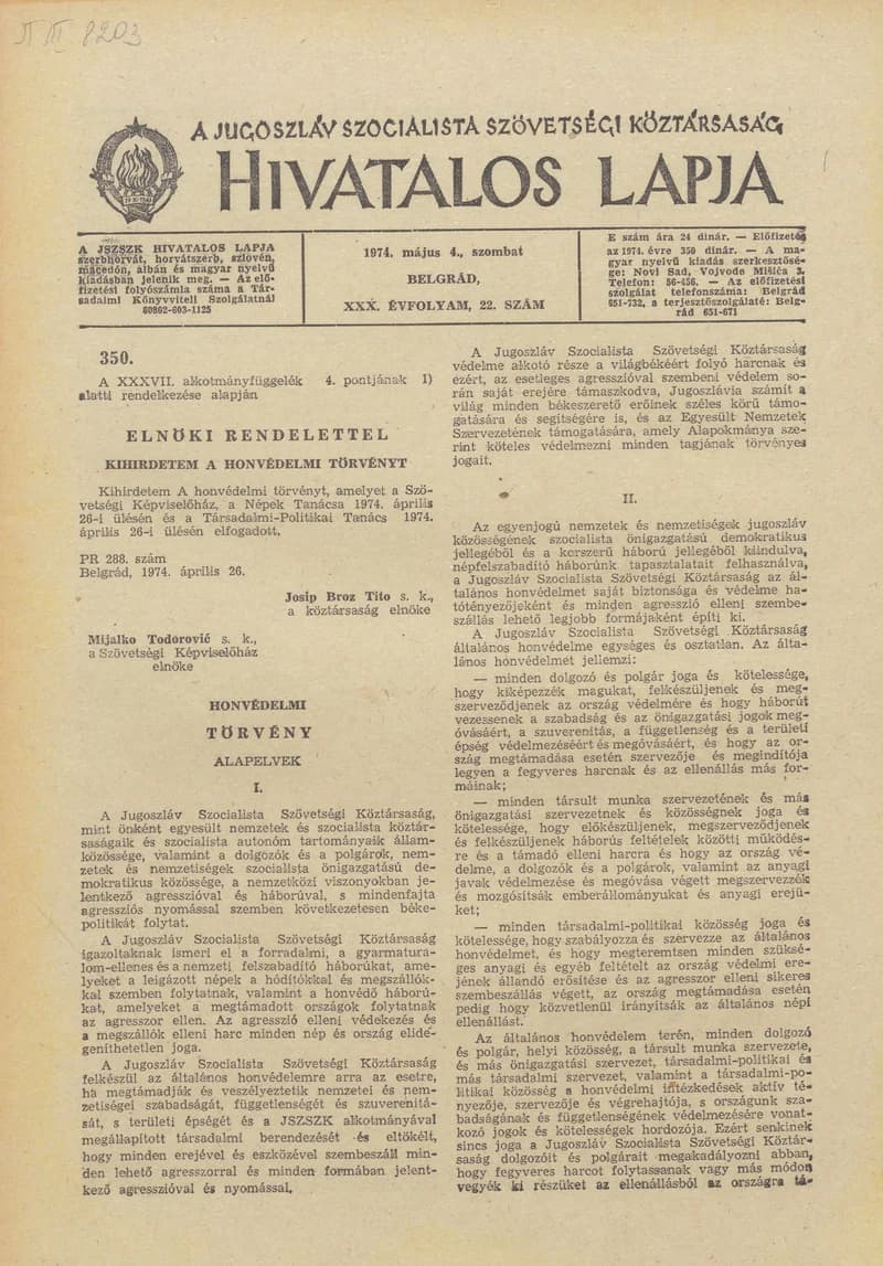 A Jugoszláv Szocialista Szövetségi Köztársaság Hivatalos Lapja, 30. évf. 1974. május 4. 22. sz. 645–740. oldal