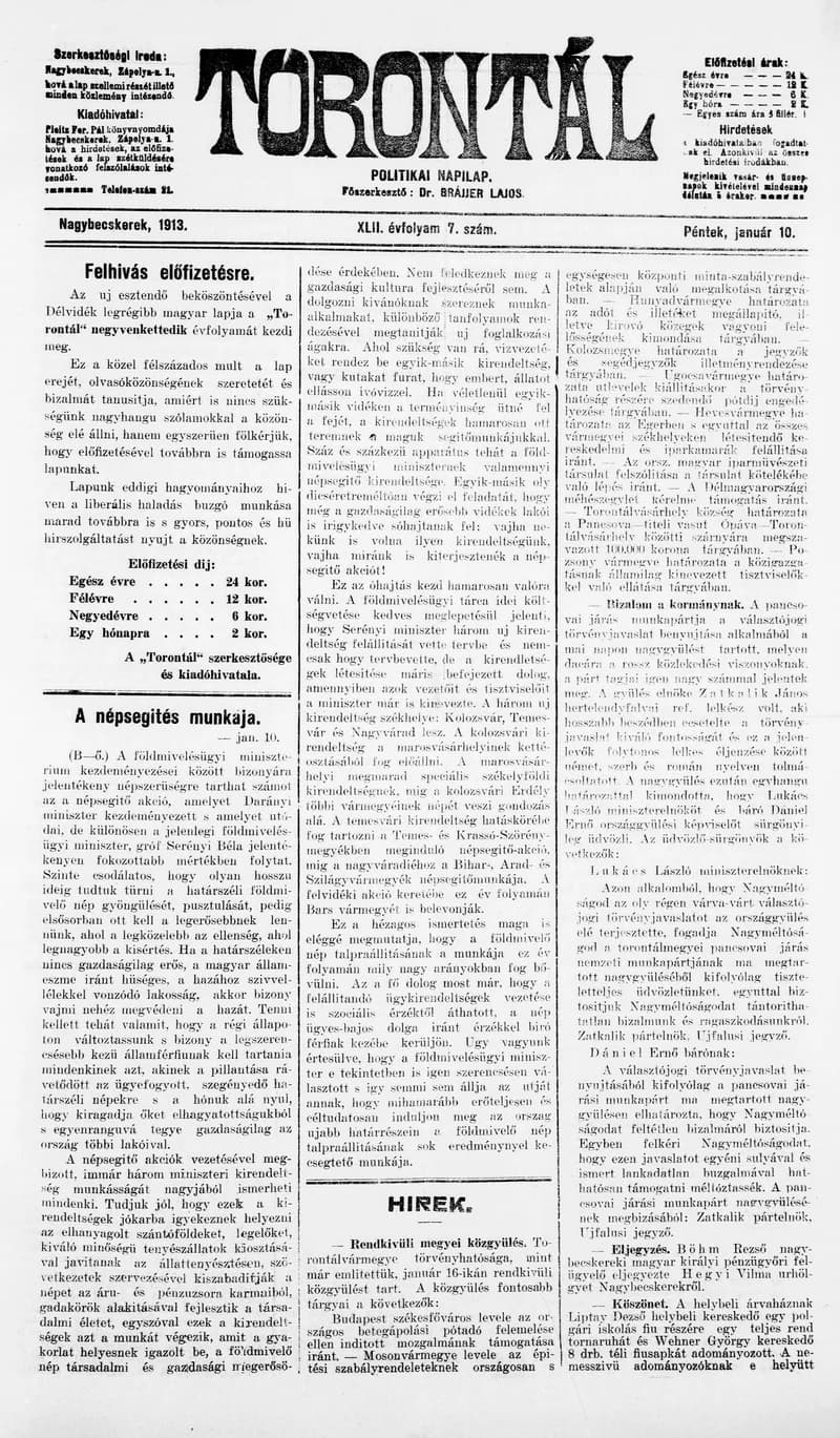 Torontál, 42. évf. 1913. január 10. 7. sz.