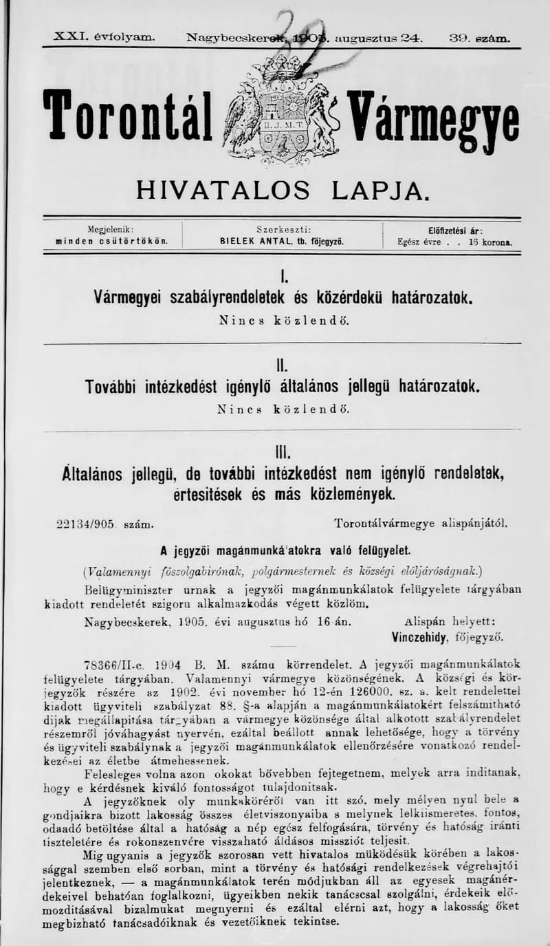 Torontál Vármegye Hivatalos Lapja, 21. évf. 1905. augusztus 24. 39. sz.