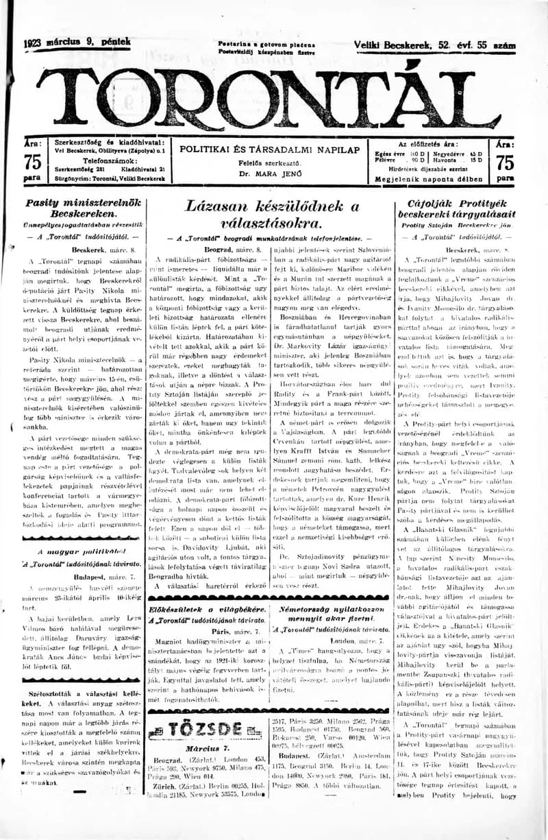 Torontál, 52. évf. 1923. március 9. 55. sz.