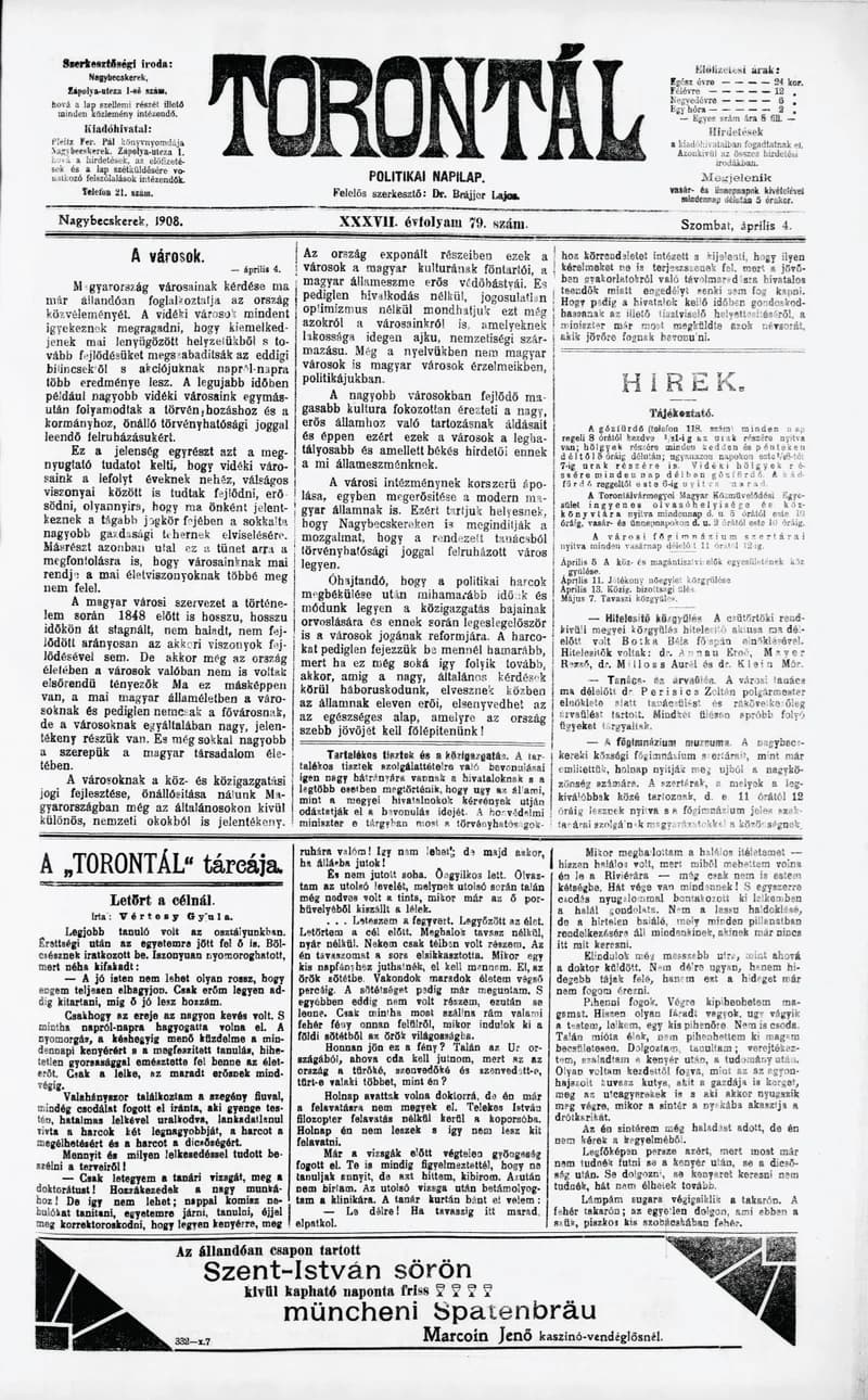Torontál, 37. évf. 1908. április 4. 79. sz.