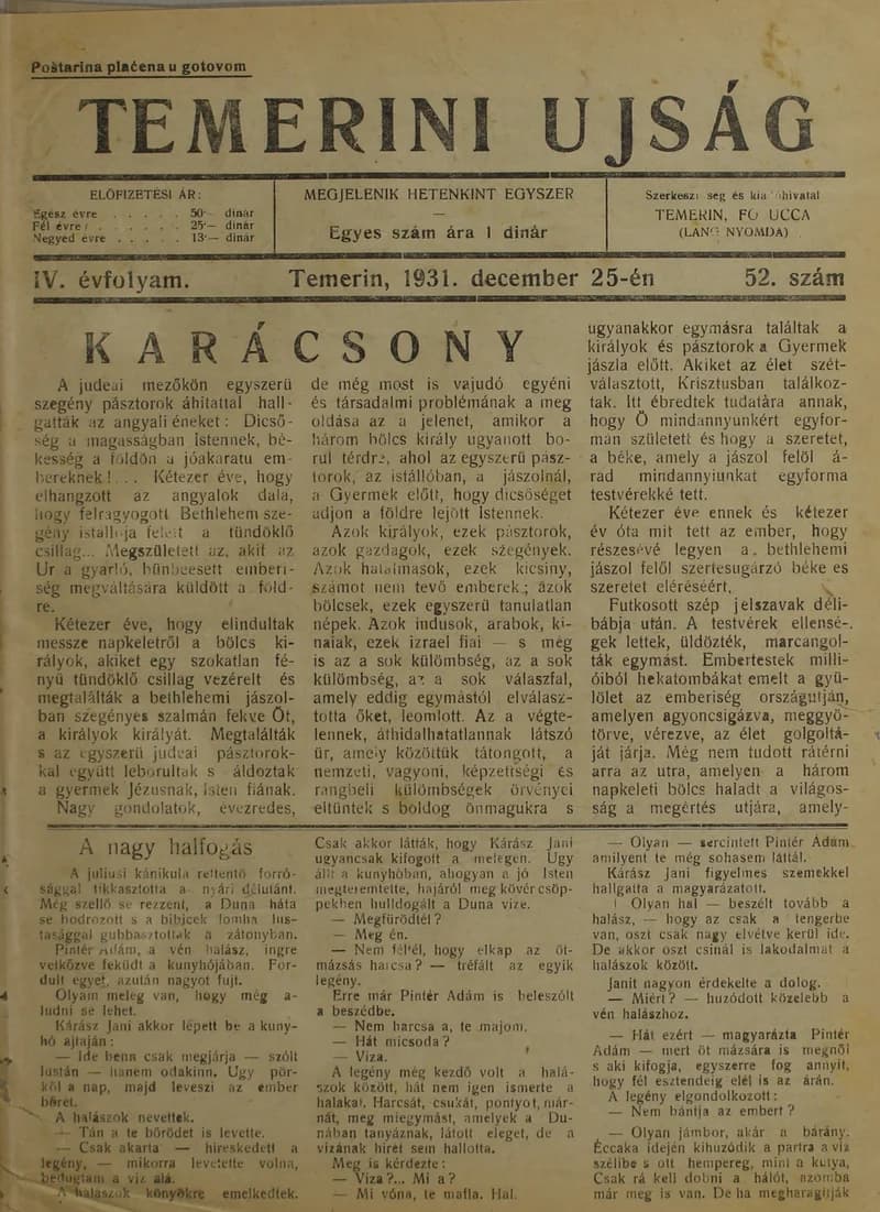 Temerini Újság 1928-1944, 4. évf. 1931. december 25. 52. sz.