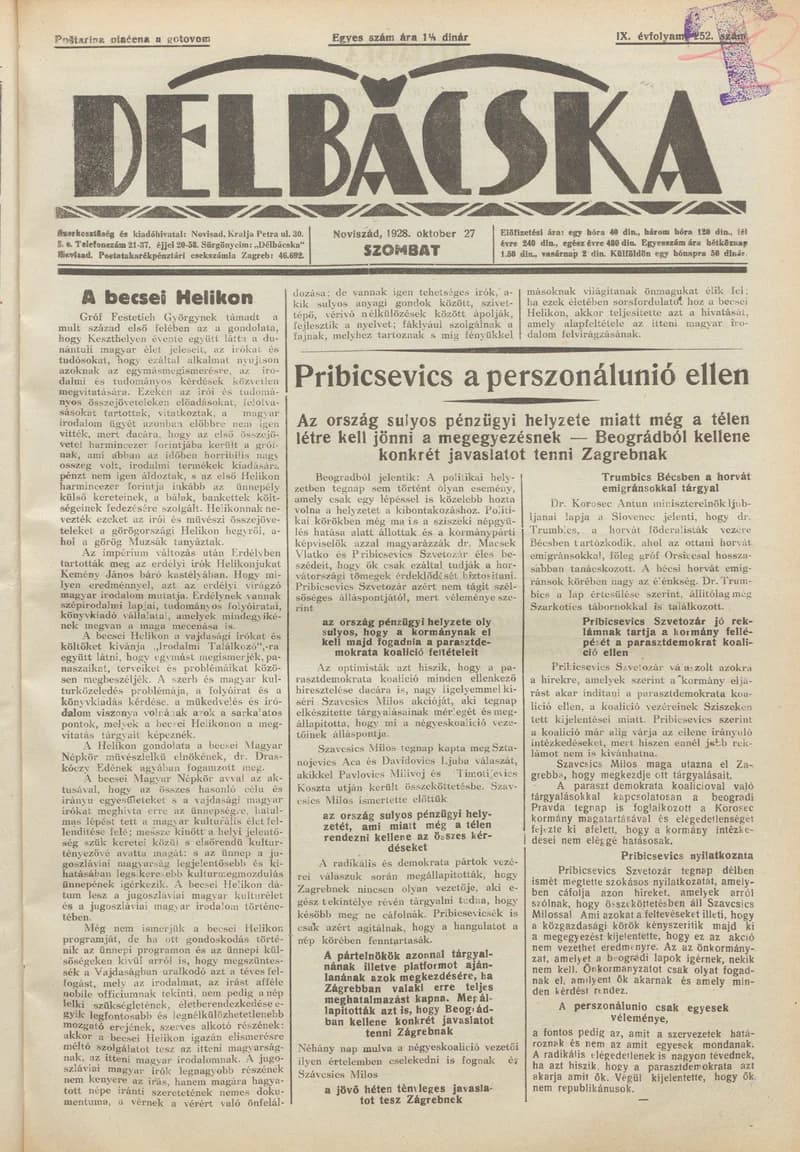 Délbácska, 9. évf. 1928. október 27. 252. sz.