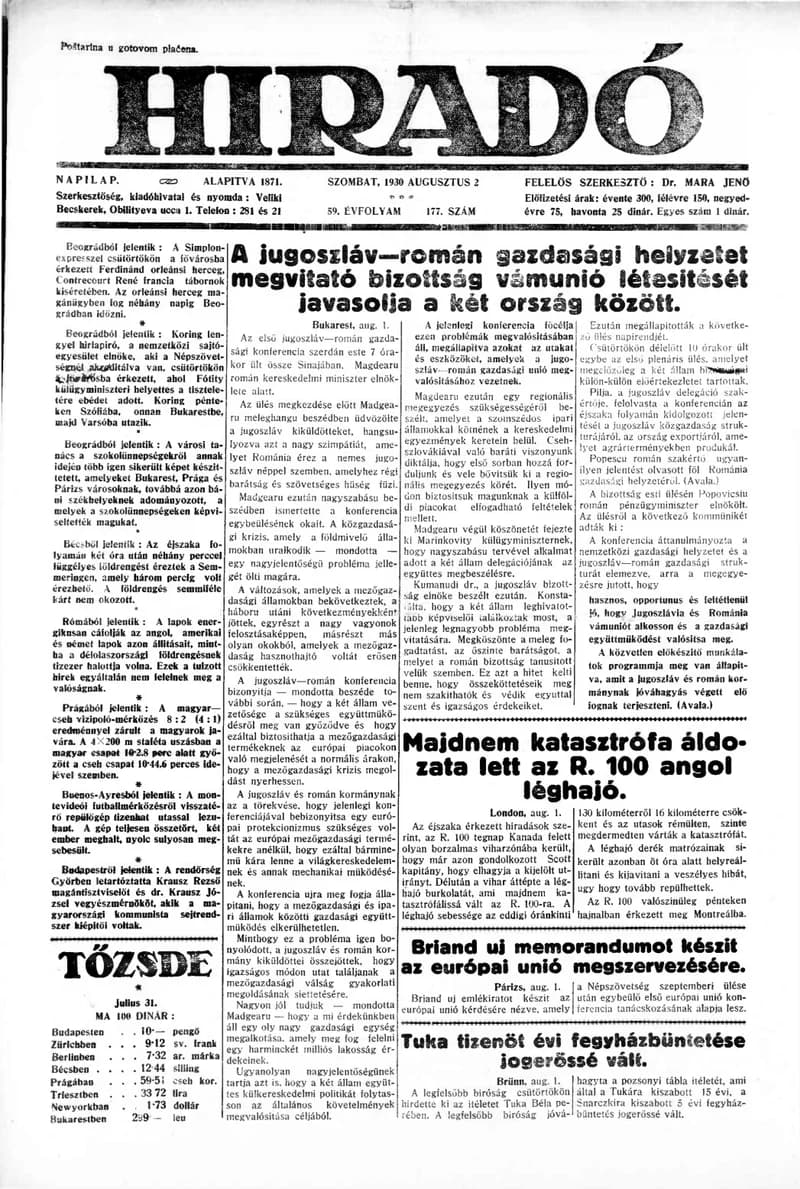 Híradó, 59. évf. 1930. augusztus 2. 177. sz.