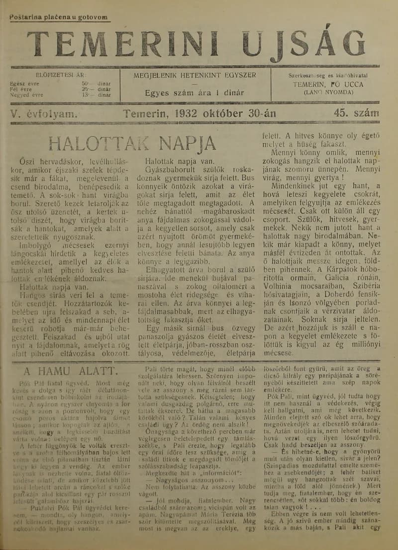 Temerini Újság 1928-1944, 5. évf. 1932. október 30. 45. sz.