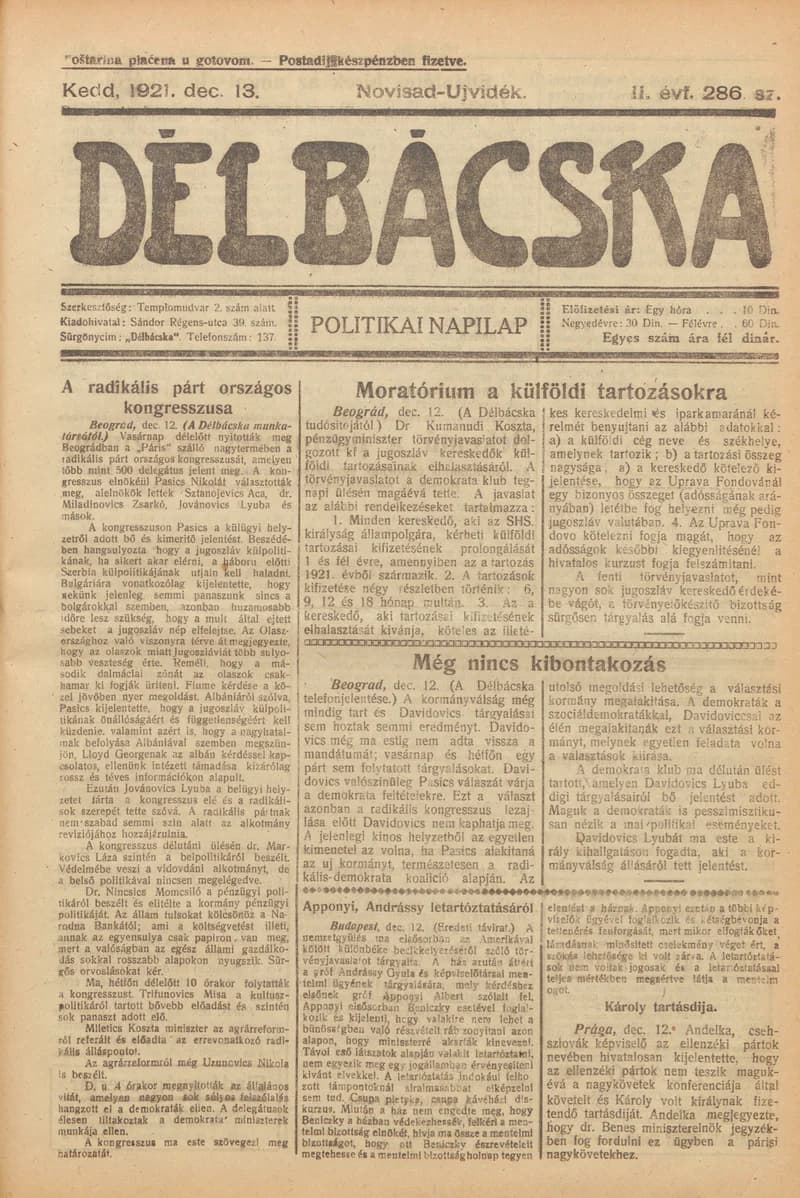 Délbácska, 2. évf. 1921. december 13. 286. sz.