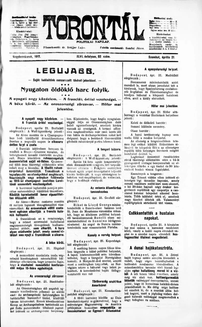 Torontál, 46. évf. 1917. április 21. 92. sz.