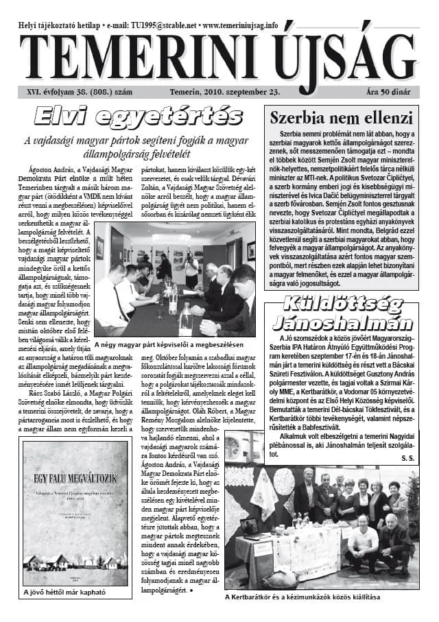 Temerini Újság, 16. évf. 2010. szeptember 23. 38. sz.