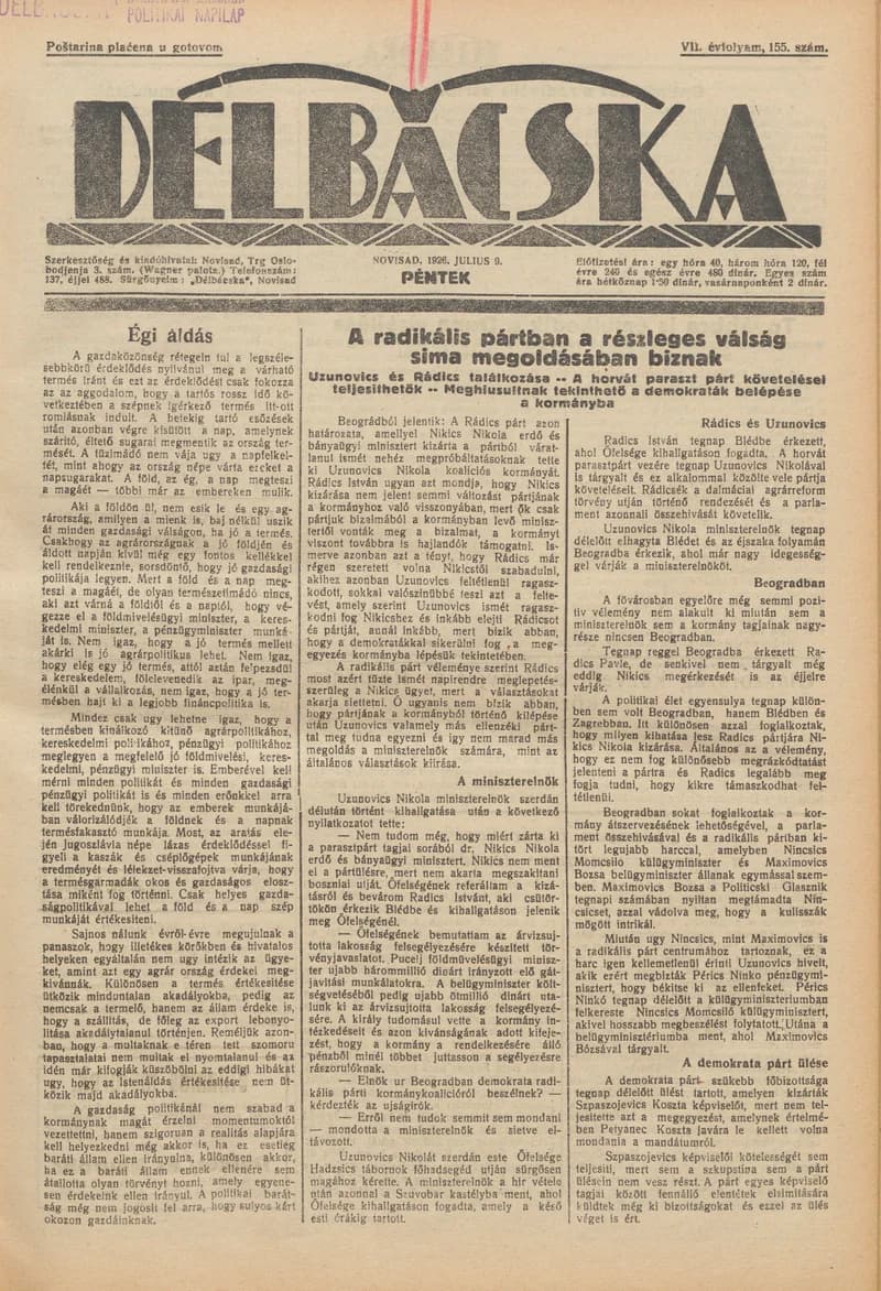 Délbácska, 7. évf. 1926. július 9. 155. sz.