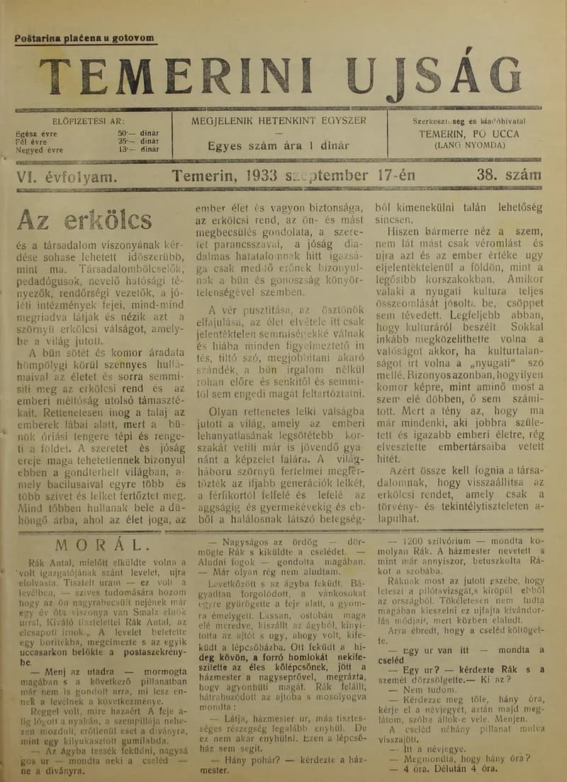 Temerini Újság 1928-1944, 6. évf. 1933. szeptember 17. 38. sz.