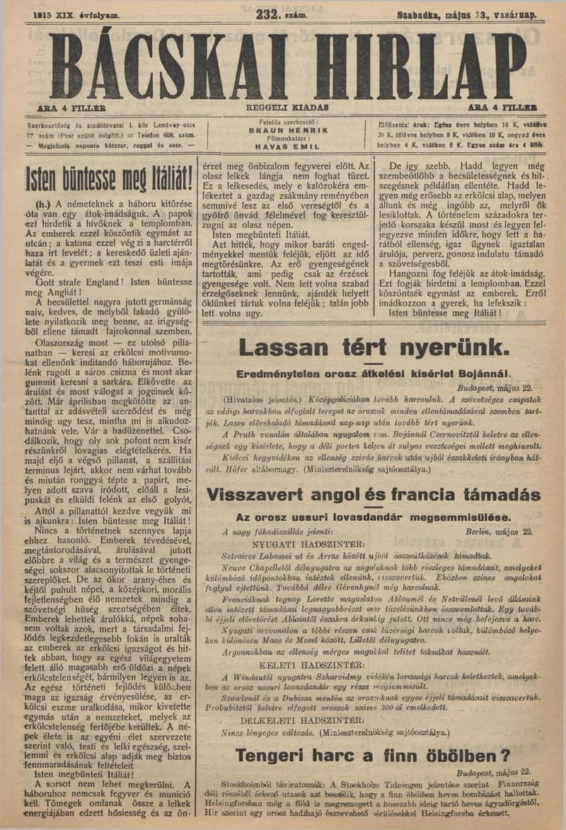 Bácskai Hirlap, 19. évf. 1915. május 23. 232. sz.