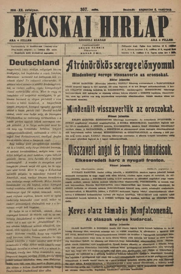 Bácskai Hirlap, 20. évf. 1916. augusztus 6. 357. sz.