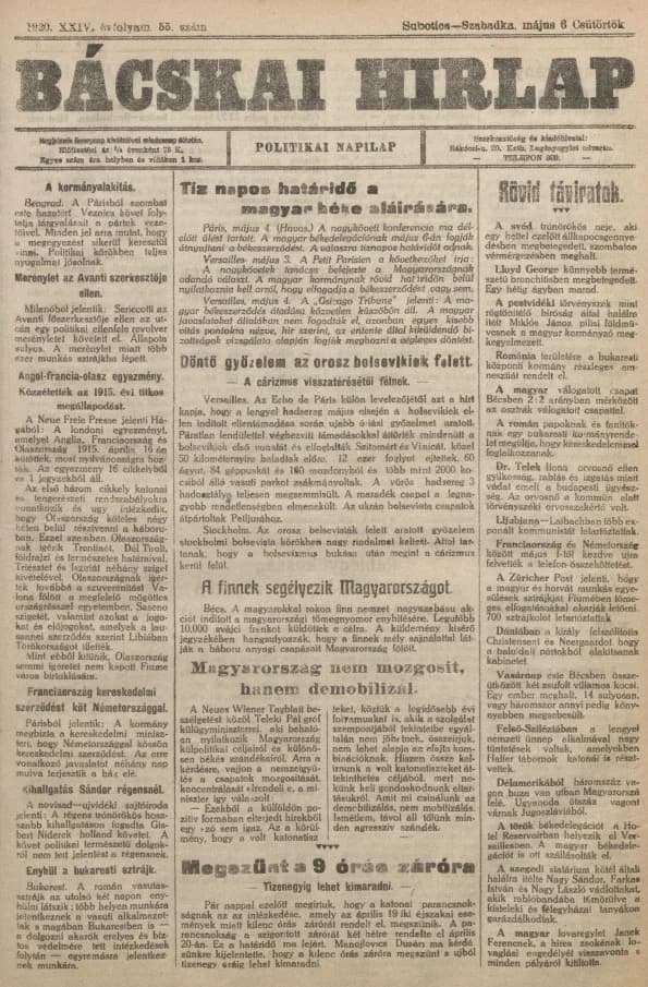 Bácskai Hirlap, 24. évf. 1920. május 6. 55. sz.