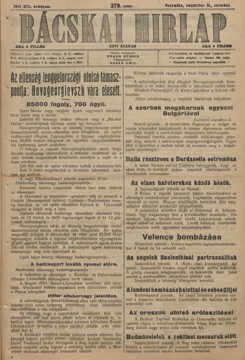 Bácskai Hirlap, 19. évf. 1915. augusztus 21. 379. sz.