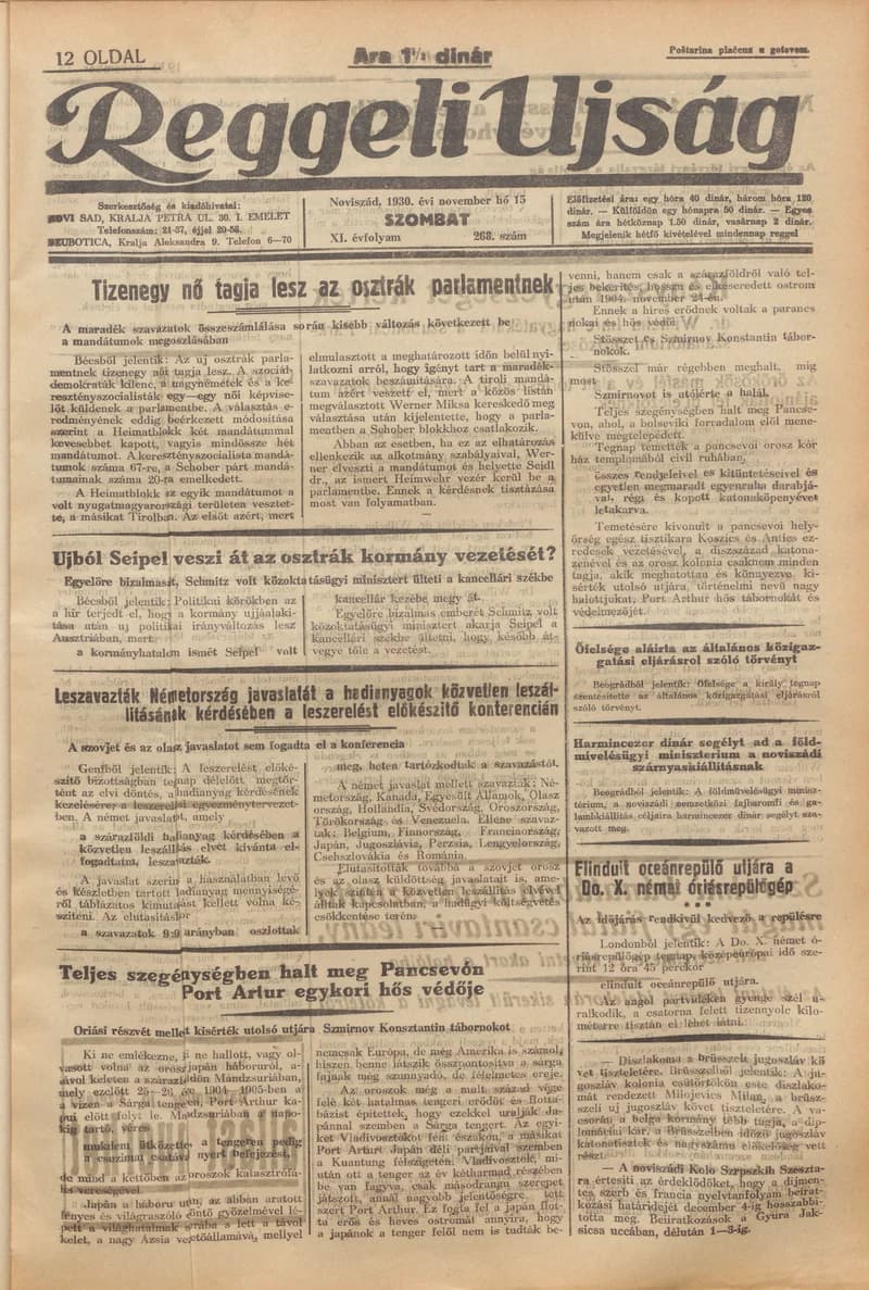 Reggeli Újság, 11. évf. 1930. november 15. 268. sz.
