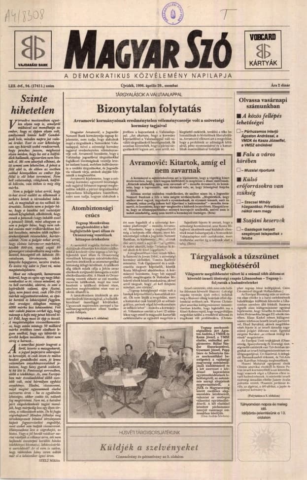 Magyar Szó, 53. évf. 1996. április 20. 94. sz. 1–16. oldal