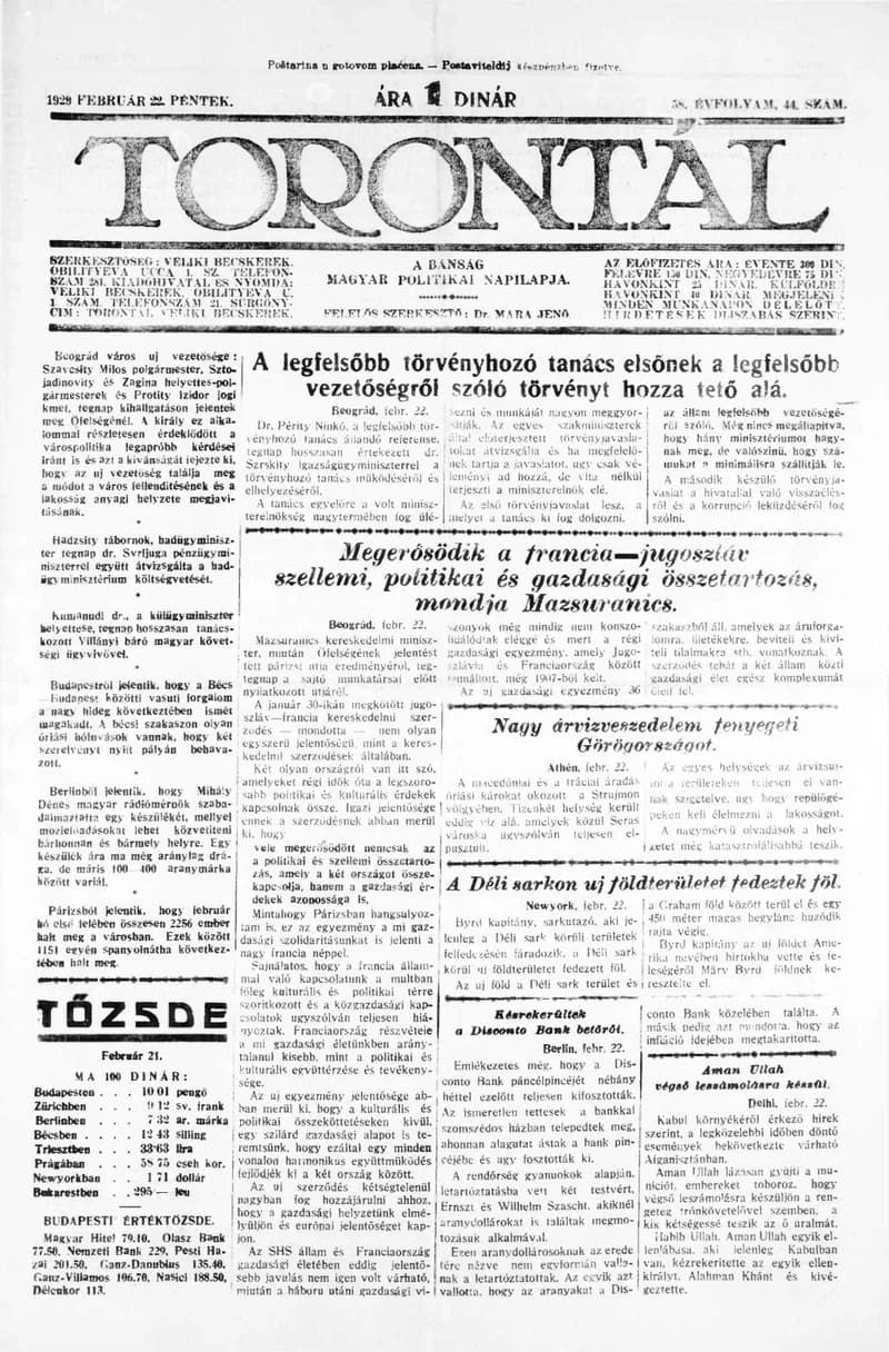 Torontál, 58. évf. 1929. február 22. 44. sz.