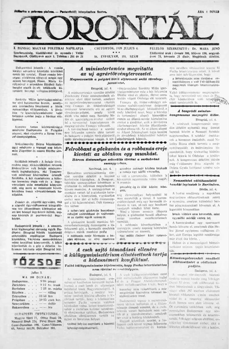Torontál, 58. évf. 1929. július 4. 151. sz.