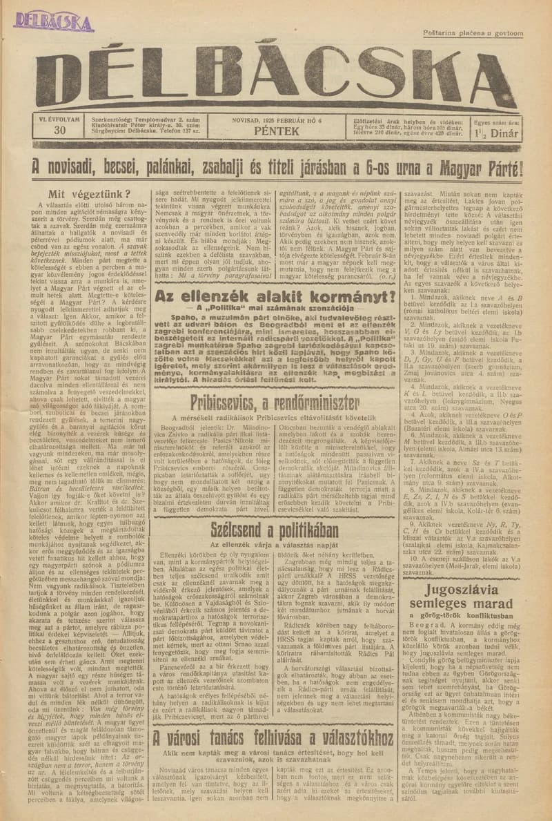 Délbácska, 6. évf. 1925. február 6. 30. sz.
