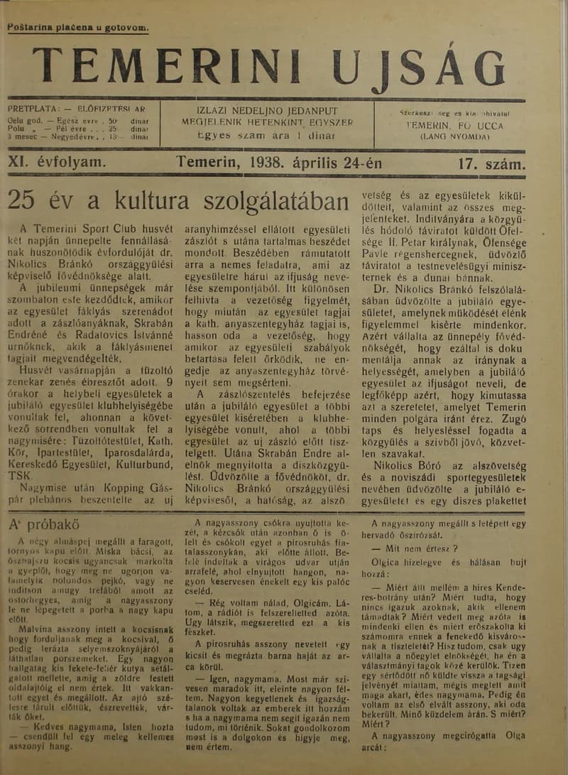 Temerini Újság 1928-1944, 11. évf. 1938. április 24. 17. sz.