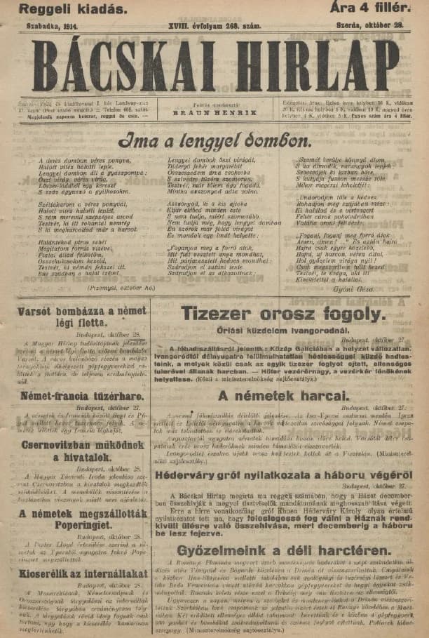 Bácskai Hirlap, 18. évf. 1914. október 28. 268. sz.