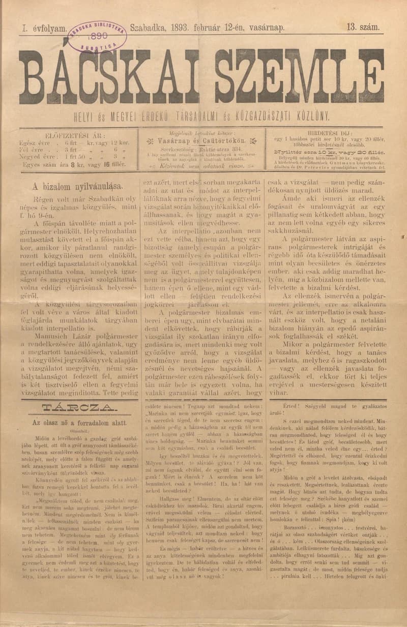 Bácskai Szemle, 1. évf. 1893. február 12. 13. sz.