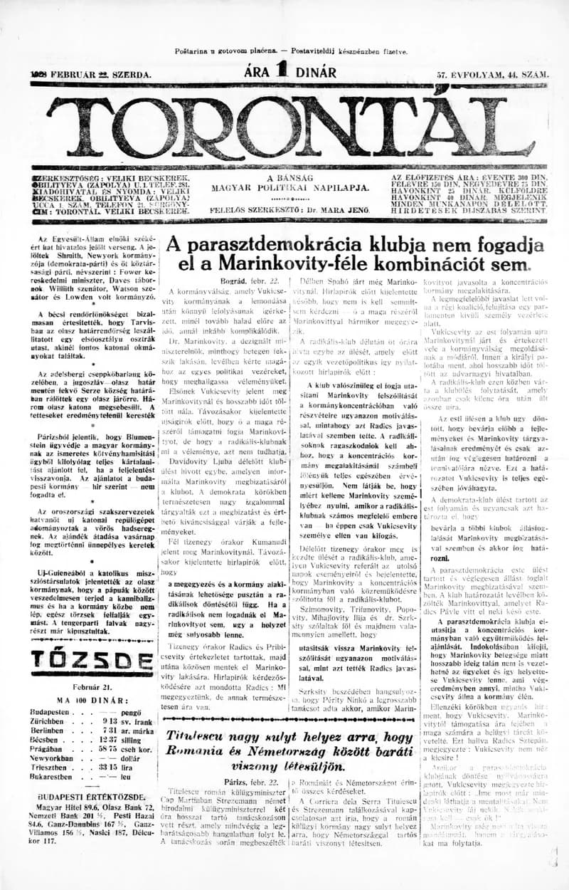 Torontál, 57. évf. 1928. február 22. 44. sz.