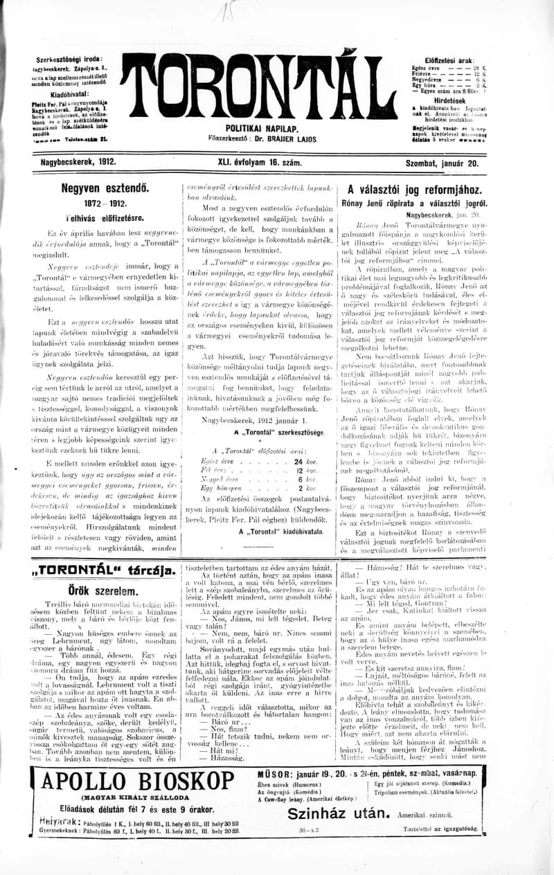 Torontál, 41. évf. 1912. január 20. 16. sz.