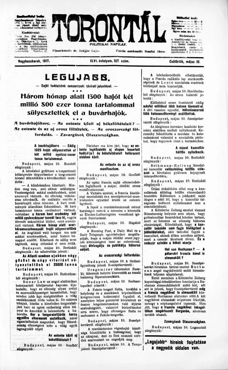 Torontál, 46. évf. 1917. május 10. 107. sz.
