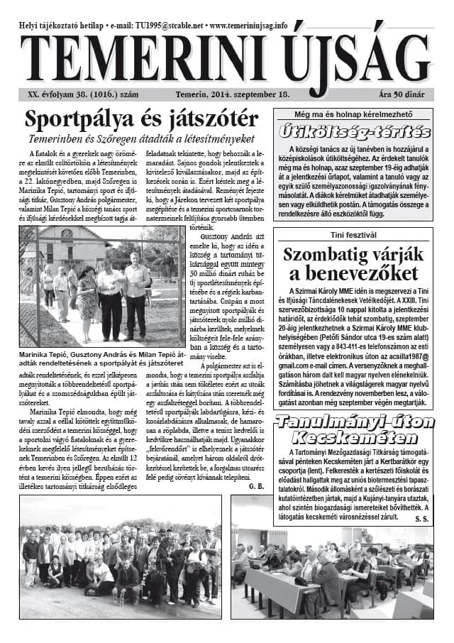 Temerini Újság, 20. évf. 2014. szeptember 18. 38. sz.